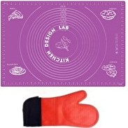 Resim Kitchen Design Lab 45x65 CM Mor Silikon Hamur Açma Matı Ve Kırmızı Silikon Yanmaz Mutfak Fırın Eldiveni 2 Li Set 