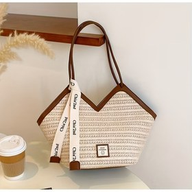 Resim 1pc Vintage Darı Saplarından Örgü Çanta Kadınlar Için, Büyük Kapasiteli Casual Plaj Tatil Komütatör Omuz Çantası, Kemer Kapatma, El Yıkamalı, Polyester Astarlı 