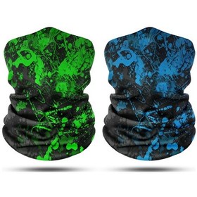Resim Dair Yeşil Turkuaz Boya Desenli 2'li Set Boyunluk Bandana Outdoor Balaklava Yüz Maskesi Kafa Bandı 