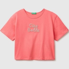 Resim United Colors Of Benetton Kız Çocuk Mercan Ön Ve Arka Baskı Detaylı Boncuk İşlemeli Geniş Yaka T-shirt 6-14 Yaş -2861 Pembe 