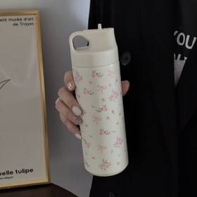 Resim 1 adet 550ml/18.6oz Kelebek Gül Küçük Çiçek Serisi Su Şişesi, Kapaklı Pipetli Su Bardağı, Orijinal Çift Katmanlı Paslanmaz Çelik Yalıtımlı Bardak, Seyahat ve Dış Mekan Spor Bardağı, Spor Salonu ve Dış Mekan Spor Bardağı 