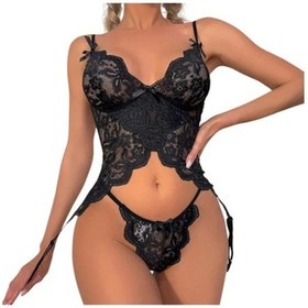 Resim New Dreams Modern Dantelli Şık Elegant Tasarım Siyah Jartiyer Gecelik Set Siyah 