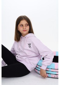 Resim Toontoy Kids Toontoy Kız Çocuk 2'li Takım Baskılı Kapüşonlu Düşük Omuz Sweatshirt & Basic Düz Tayt Lila 
