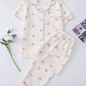 Resim Şık Çiçekli Pijama Takımı, Kısa Kollu Düğmeli Yaka Üst & Elastik Pantolon, Kadınların Uyku Giyim & Rahat Giyim 