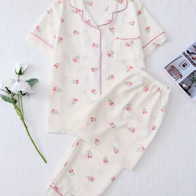 Resim Şık Çiçekli Pijama Takımı, Kısa Kollu Düğmeli Yaka Üst & Elastik Pantolon, Kadınların Uyku Giyim & Rahat Giyim 