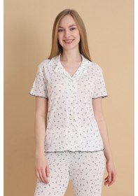 Resim Wordex Mirano 1714 Çiçekli Pointel İnce Kumaş Düğmeli Kısa Kollu Kadın Pijama Takımı Ekru 