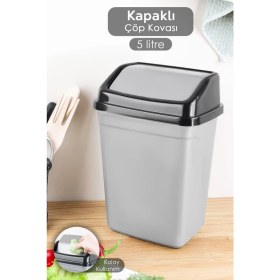 Resim Gri Kapaklı 5l Plastik Çöp Kovası, Ev ve Ofis Için Pratik ve Şık Tasarım 
