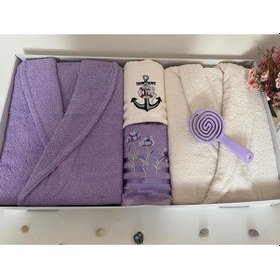 Resim Çeyizlik Aile Bornoz Seti 4 Parça Lila - Krem Çok Renkli 