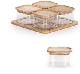 Resim Porsima HF009009 Kare 4lü Hava Geçirmez Bambu Standlı Cam Kahvaltılık Seti Bambu Kapaklı Saklama Kabı 250ml 