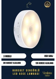 Resim Premium Üretim 3 Mod Beyaz Işık Hareket Sensörlü 8 Ledli Usb Pratik Şarjlı Gece Lambası Çok Renkli 