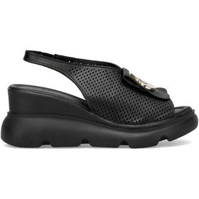 Resim Elit Zeyn 8067 Kadın Hakiki Deri Dolgu Topuk Sandalet Siyah Siyah 