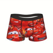 Resim 1 adet Disney Cars Karikatür Baskılı Boxer Şort - Erkekler için Esnek, Rahat İç Çamaşırı, Sarı ve Beyaz Detaylarla Kırmızı, Günlük Giyim İçin Mükemmel, Günlük Giyim İç Çamaşırı | Karikatür Baskılı Şort | Rahat Uygunluk 