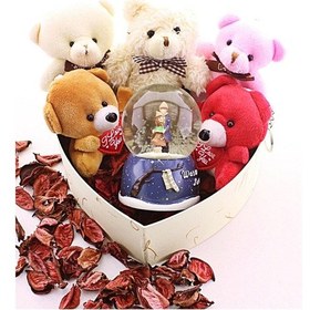 Resim Sevgiliye Eşe Sürpriz Kalp Hediye Kutusu İçinde Sevgililer Kar Küresi & 5 Adet Yavru Ayıcık Seti STRGLBL75 