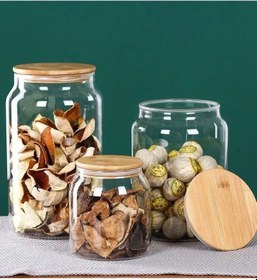 Resim Qerhome Vakumlu Bambu Kapaklı Cam Erzak Kavanozu 3 Boy 2-3-4 Litre Şeffaf 