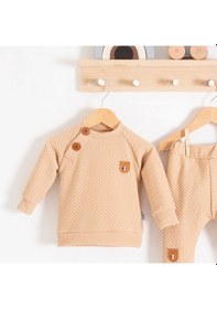 Resim 3-18 Ay Erkek Bebek Takımı Jakarlı Omuz Düğmeli 2'li Krem Krem 