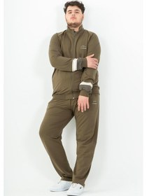 Resim Maraton Sportswear Büyük Beden Erkek Dik Yaka Düz Paça Reglan Kol Basic Haki Eşofman Takımı 22392-Haki 