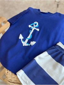 Resim Erkek Çocuk Pamuklu Kumaş Çapa Baskılı Pamuklu Tshirt Ve Çizgili Şort Alt Üst Takım Lacivert 