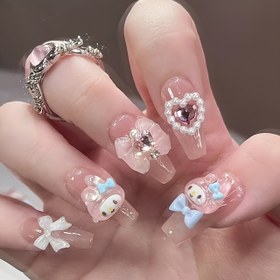 Resim 24 Parça Orta Uzunlukta Sanrio Karakterli Tatlı ve Şirin Melody Dopamine Fiyonklu Kalp Desenli 3D El Yapımı Takma Tırnak Seti ile Romantik Bir Dokunuş Ekleyin - Kadınlar İçin 