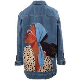 Resim Arkası Baskılı Uzun Kadın Kot Ceket, Mevsimlik Kot Ceket, Kot Mon (552392989) Mavi 