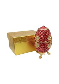 Resim Faberge Yumurta Swarovski Taşlı Lüks Mücevher Kutusu Kırmızı 10cm 