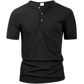 Resim Snapbuy Yaz Erkekler Henley Yaka T-shirt Kısa Kollu Rahat Spor Tişörtblack Black 