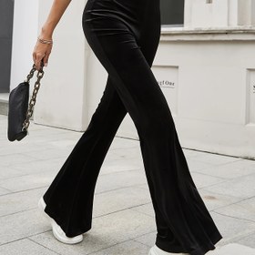 Resim Kadınların Yüksek Beli Geniş Pantolonları - Şık Siyah Kadife Zil Altı, Sonbahar/Kış İçin Mükemmel, Şık ve Rahat, Yüksek Bel Pantolonları, Kadınlar İçin Parti Kotları, Kadınlar İçin Saten Pantolon, Kadınlar İçin Şık Saten Pantolon, Kadınlar İçin Kadife Pantolon 