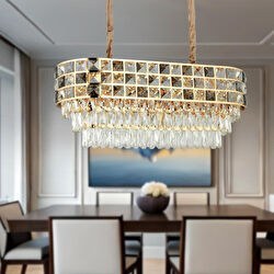 Resim Orrel 10'lu Sıralı Gold Kristal Taşlı Modern Yemek Odası Salon Sarkıt Avize Apliqa