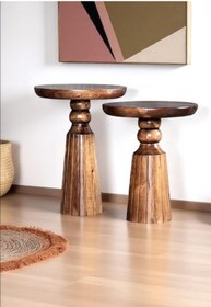 Resim ASELYA HOME Doğal Ahşap 2’li Set Mantar Yan Sehpa Modern Fiskos Zigon Çiçeklik 