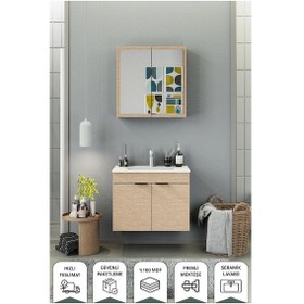 Resim Biani Fix Loft 85 Cm Banyo Dolabı,Seramik Lavabolu, Aynalı,Lavabo Dahil,Mdf,Aybe Bej 