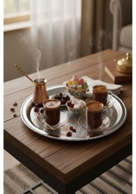 Resim Tepsi, Yuvarlak Dekorlu Gümüş Renk Tepsi 35 Cm Çok Kullanışlı Tepsi, Çay Tepsisi,söz Nişan Tepsisi Gümüş 