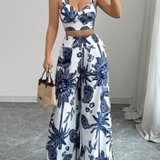 Resim YY0227225 Gurgur Stili Zarif İş Bohem Mavi ve Beyaz Baskılı Askılı Üst, Bel Düz Pantolon, Bahar/Yaz Modası Çok Yönlü Tatil Seti 
