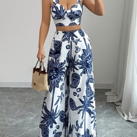 Resim YY0227225 Gurgur Stili Zarif İş Bohem Mavi ve Beyaz Baskılı Askılı Üst, Bel Düz Pantolon, Bahar/Yaz Modası Çok Yönlü Tatil Seti 