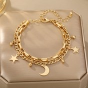 Resim 1 Adet Sarı Altın Tonlu Yıldız & Ay Çift Katmanlı Zincir Bileklik - Kare Bağlantılar ve Boncuklarla Ayarlanabilir Gökyüzü Charm, Günlük Kıyafetler İçin Şık Takı, Moda Aksesuarı, Oyunbaz Tarz, Parlak Yüzey, Trendy Ürün, Dayanıklı Tasarım, Hediye Seçeneği 