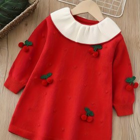 Resim Kızlar için adorable ilkbahar/sonbahar örgü elbise kiraz nakışlı - Kırmızı uzun kollu, kısa uzunluk, yuvarlak yaka, şık kazak tarzı, ilkbahar ve sonbahar için mükemmel, sonbahar elbisesi | Kiraz nakışlı elbise | Örgü elbise 