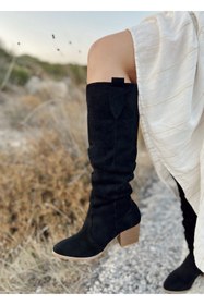 Resim POLKA STORE Desert Uzun Diz Altı Western Süet Siyah Kadın Körüklü Kovboy Çizme 