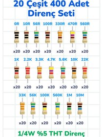 Resim Direnç Seti Tht 1/4w %5 400 Parça 20 Çeşit 0 10 56 100 330 470 560 1k 2.2k 3.3k 4.7k 5.6k 10k 22k 33k 56k 100k 560k 1m 10m 