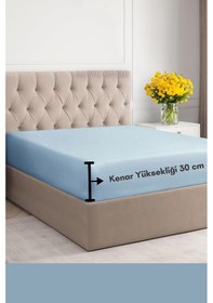 Resim Mavi Renkli %100 Pamuklu Penye Kumaş Fitted Lastikli Çarşaf Mavi 