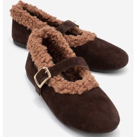 Resim Luvi Shoes Guın Kahverengi Süet Hakiki Deri Peluş Detaylı Kemerli Kadın Babet Ayakkabı Kahverengi 