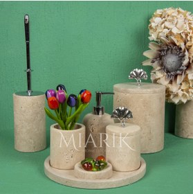 Resim MIARIK DESIGN & DEKORASYON DEKORATİF DOĞAL TRAVERTEN MERMER BANYO SETİ TAKIMI AKSESUAR DETAYLI 