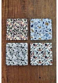 Resim Doğal Taş Bardak Altlığı - Mozaik Desenler Baskılı 10x10cm Stone Coasters Çok Renkli 