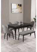 Resim Milas Siyah Mermer Desen 80x132 Mdf Açılabilir Mutfak Masası Takımı 4 Sandalye, 1 Bench Gri 