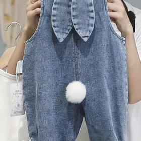 Resim Sevimli Çocuklar için Tavşan Kulak Detaylı Kot Tulum - Şık & Rahat Polyester, Makinede Yıkanabilir, Uzun Paça Günlük Pantolon Erkek & Kız Çocuklar için, Sonbahar Çocuk Giyim|Sevimli Tavşan Kulak Tasarımı|Polyester Kot, Dış Mekan için Mükemmel 