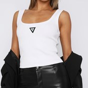 Resim Şık Siyah Kolsuz Crop Top Beyaz Yama Detaylı - Şık Kare Yaka, Bahar/Yaz Kadın Modası, Şık ve Çok Yönlü, Bayan Tank Top 