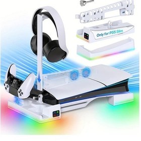 Resim Tongdashop Ps5 Slim İçin Çok Fonksiyonlu Dikey Stand Soğutucu Fan Çift Şarj Kulaklık Tutucu 14 Rgb Işık 