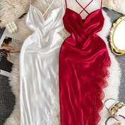 Resim Kadınların Zarif Kırmızı ve Beyaz Dantel Detaylı Gece Gecesi Seti, Bahar/Yaz/Sonbahar İçin Mükemmel, Yetişkin Uyku Giyimi|Zarif Gecelik|Dantel Detaylı Gecelik 