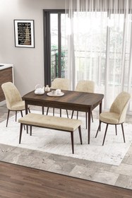 Resim Canisa Concept Zen Serisi 80x132 Mdf Açılabilir Barok Ahşap Desen Masa Takımı 4 Krem Sandalye Ve 1 Bench 