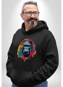 Resim Renkli Maymun Goril Kadın Erkek Siyah Kapüşonlu Sweatshirt Hoodie Siyah 