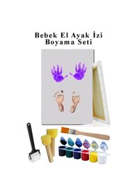 Resim Bebek El Ayak İzi Tuval Boyama Seti 25x35 Cm 1 Paket Parmak Boyası Zemin Fırça Rulo Fırça Ponpon Fırça Hatıra Seti 
