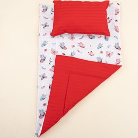 Resim Alt Açma Matı ve Yastık - Çift Taraflı - Kırmızı Saten - Kelebek 