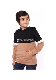 Resim Toontoy Kids Toontoy Erkek Çocuk Relax Fit Kapüşonlu Cepli Renk Bloklu Baskılı Sweatshirt - 2 İplik Kahverengi 